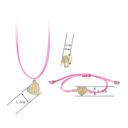 Set Infantil De Joyería Con Corazón A Rayas: Collar, Pulsera Y Anillo