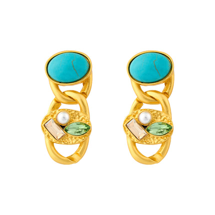 Aretes Largos De Estilo Vintage Con Cristal Y Turquesa, Diseño Exagerado