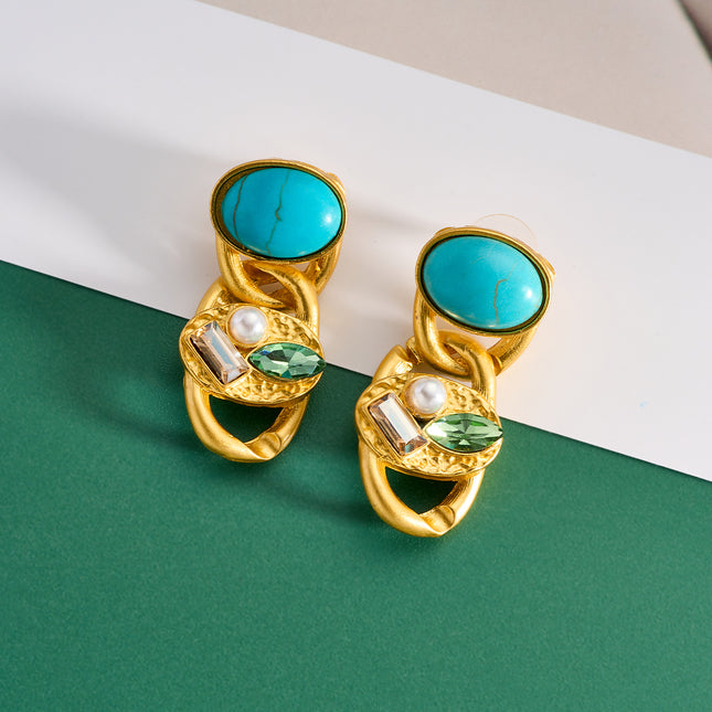Aretes Largos De Estilo Vintage Con Cristal Y Turquesa, Diseño Exagerado