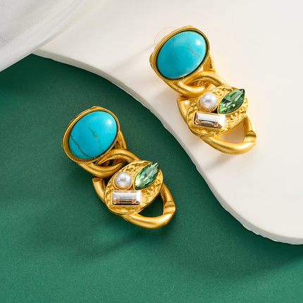 Aretes Largos De Estilo Vintage Con Cristal Y Turquesa, Diseño Exagerado