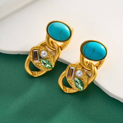 Aretes Largos De Estilo Vintage Con Cristal Y Turquesa, Diseño Exagerado