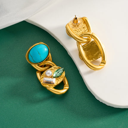 Aretes Largos De Estilo Vintage Con Cristal Y Turquesa, Diseño Exagerado