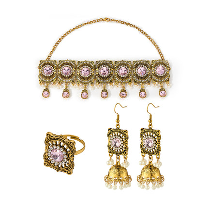 Conjunto De Collar, Aretes Y Anillo Con Flecos De Zirconia Rosa