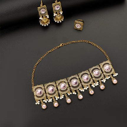 Conjunto De Collar, Aretes Y Anillo Con Flecos De Zirconia Rosa