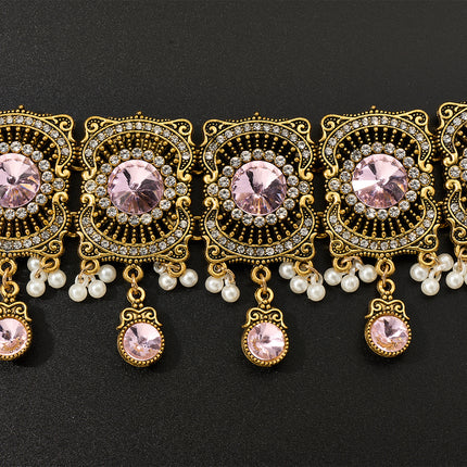Conjunto De Collar, Aretes Y Anillo Con Flecos De Zirconia Rosa