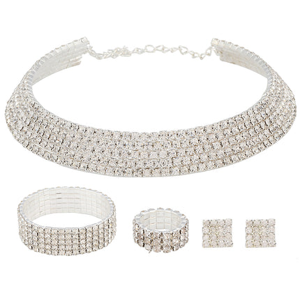 Conjunto De Collar, Aretes, Pulsera Y Anillo Con Diseño Hueco Y Diamantes De Imitación Para Novias Y Ceremonias