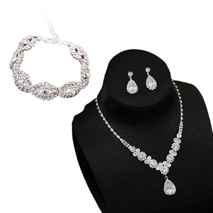 Conjunto De Joyas Tres Piezas Con Collar, Pulsera Y Aretes Con Rhinestones