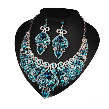 Conjunto De Collar Y Aretes Con Rhinestones Azules Y Blancos Para Novias
