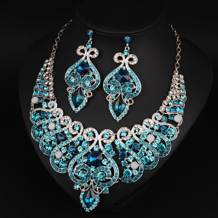 Conjunto De Collar Y Aretes Con Rhinestones Azules Y Blancos Para Novias