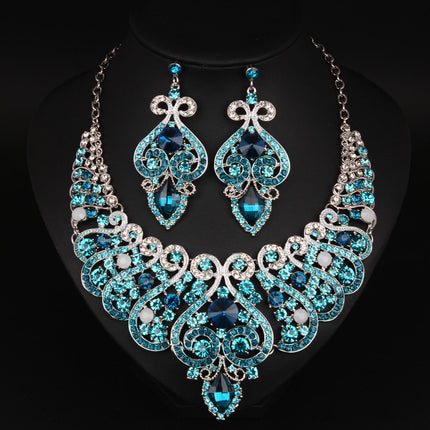 Conjunto De Collar Y Aretes Con Rhinestones Azules Y Blancos Para Novias