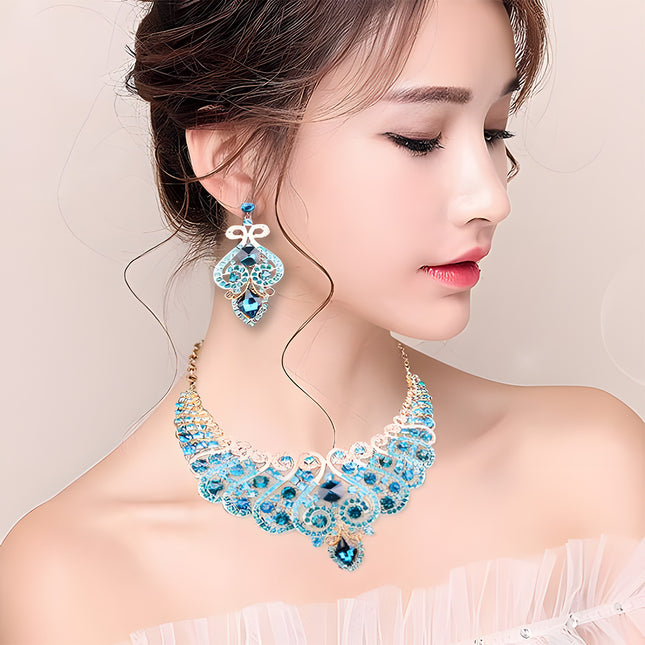 Conjunto De Collar Y Aretes Con Rhinestones Azules Y Blancos Para Novias