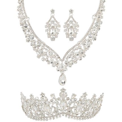 Conjunto De Collar, Aretes Y Corona De Boda Con Incrustaciones De Cristal Para Novias Y Ceremonias