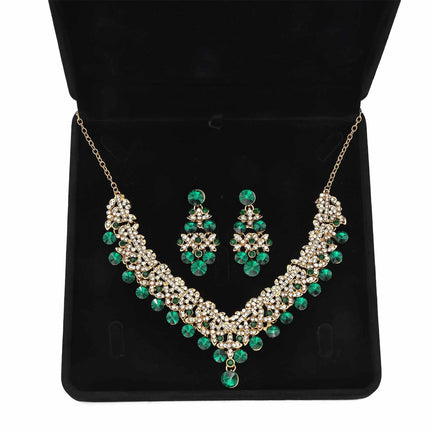 Conjunto De Collar Y Aretes Verdes Con Cristales Para Boda Y Ceremonias