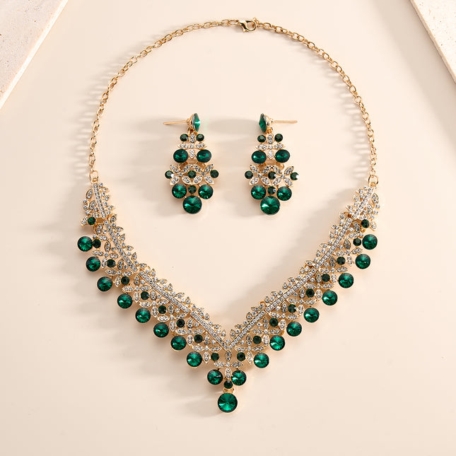 Conjunto De Collar Y Aretes Verdes Con Cristales Para Boda Y Ceremonias