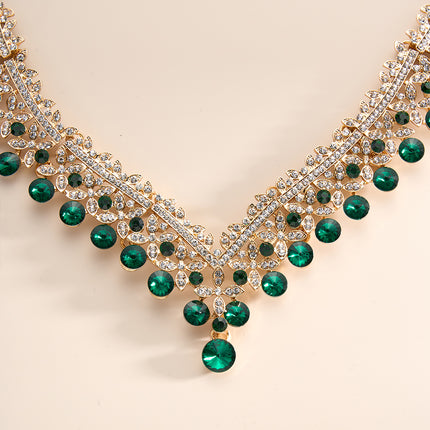 Conjunto De Collar Y Aretes Verdes Con Cristales Para Boda Y Ceremonias