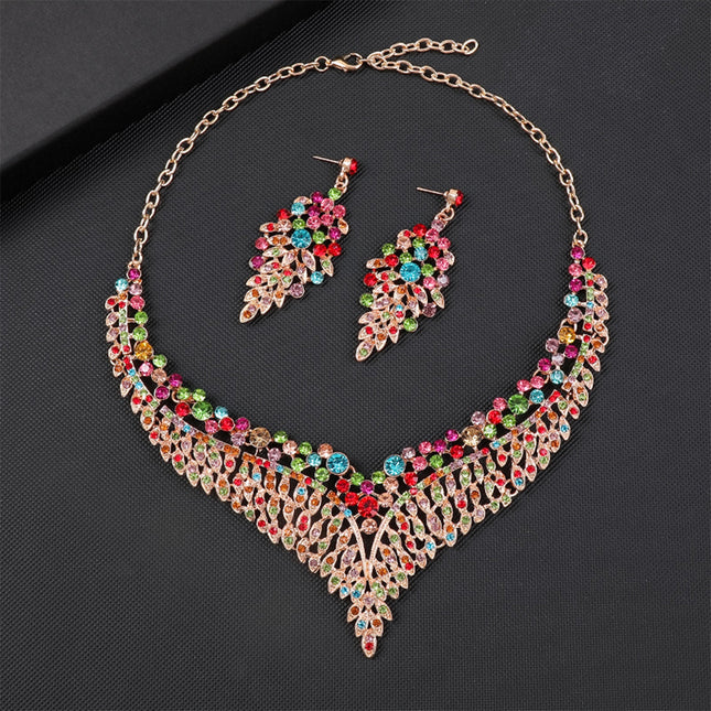 Conjunto De Collar Y Aretes De Aleación Con Cristales Multicolor Elegante