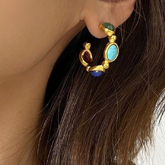 Aretes De Cristal Ovalado En Color Turquesa Con Otros Colores Diseño Único