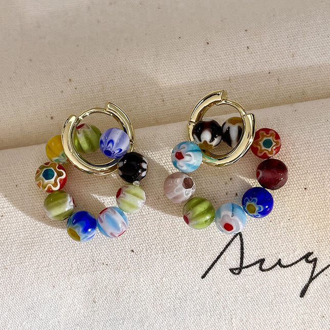 Aretes Aros De Cuentas De Cristal Sintético Multicolor, Estilo Fresco