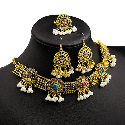Conjunto De Collar, Aretes Y Anillo Con Zirconias Coloridas De Aleación