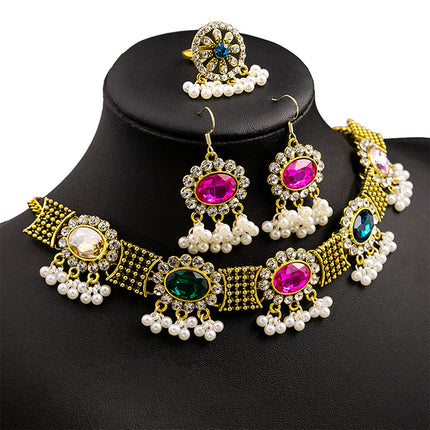 Conjunto De Collar, Aretes Y Anillo Con Zirconias Coloridas De Aleación