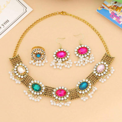Conjunto De Collar, Aretes Y Anillo Con Zirconias Coloridas De Aleación