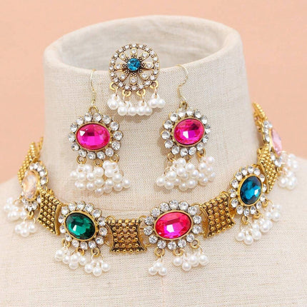 Conjunto De Collar, Aretes Y Anillo Con Zirconias Coloridas De Aleación