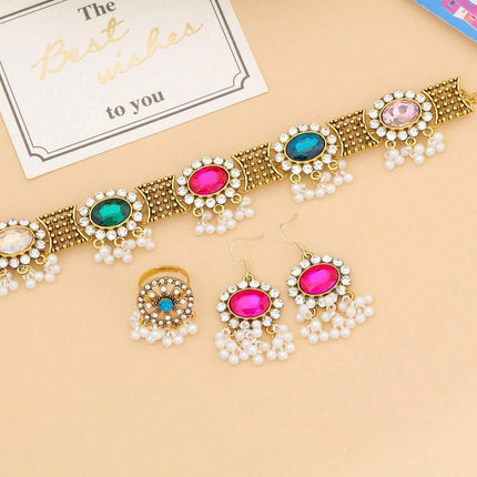 Conjunto De Collar, Aretes Y Anillo Con Zirconias Coloridas De Aleación