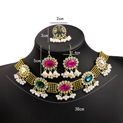 Conjunto De Collar, Aretes Y Anillo Con Zirconias Coloridas De Aleación
