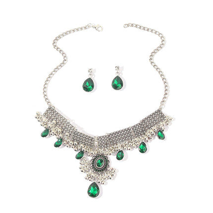 Collar Y Aretes De Aleación Conjunto De Joyería Con Zirconia Verde