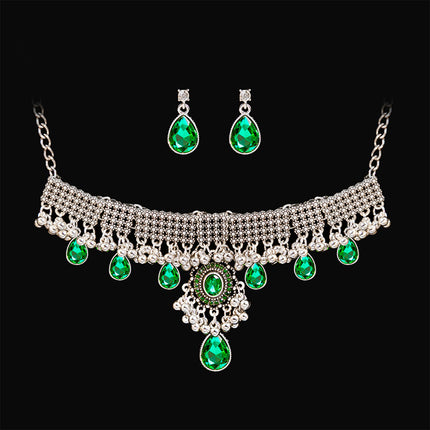 Collar Y Aretes De Aleación Conjunto De Joyería Con Zirconia Verde