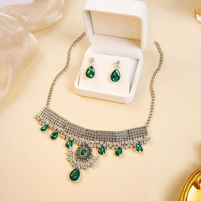 Collar Y Aretes De Aleación Conjunto De Joyería Con Zirconia Verde