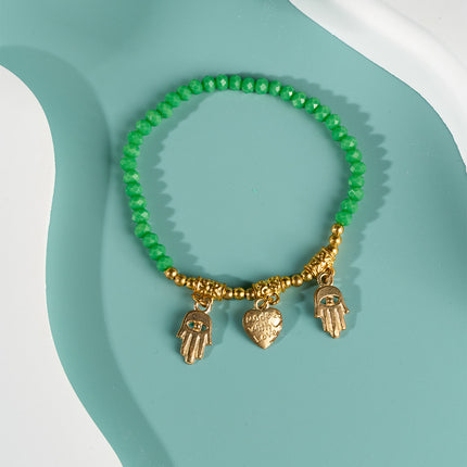 Pulsera De Cuentas Verdes De Cristal Con Tres Colgantes Dorados Especiales