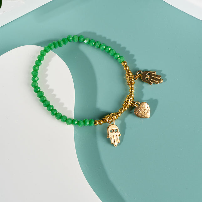 Pulsera De Cuentas Verdes De Cristal Con Tres Colgantes Dorados Especiales