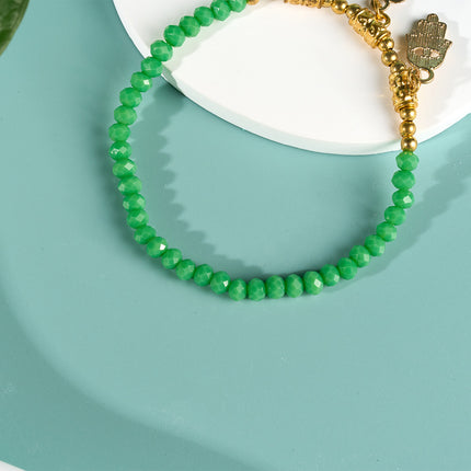 Pulsera De Cuentas Verdes De Cristal Con Tres Colgantes Dorados Especiales