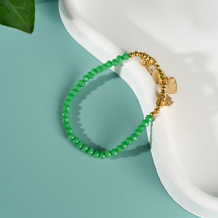 Pulsera De Cuentas Verdes De Cristal Con Tres Colgantes Dorados Especiales