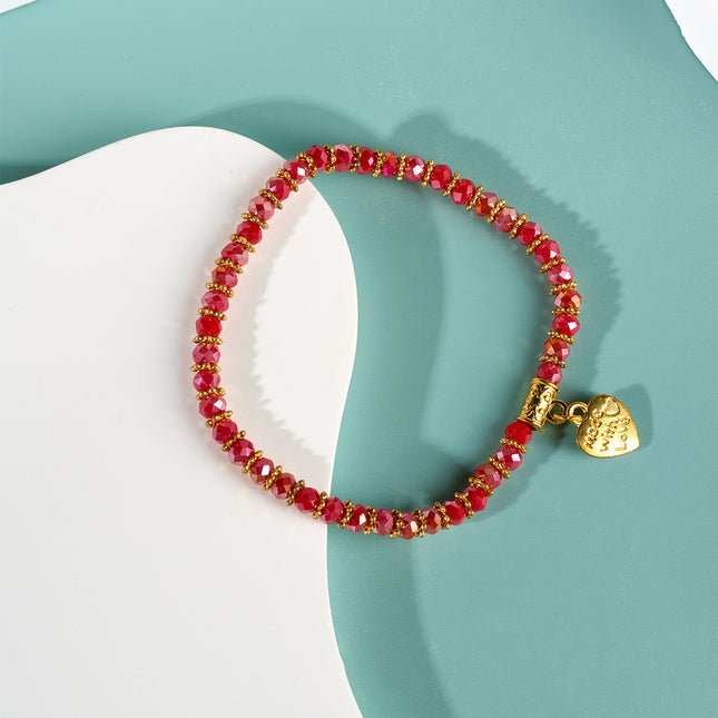 Pulsera De Cuentas De Cristal Facetado Con Dije De Corazón Dorado