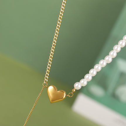 Collar De Cadena De Media Acero Inoxidable Media De Perlas Con Colgante De Corazón Tridimensional