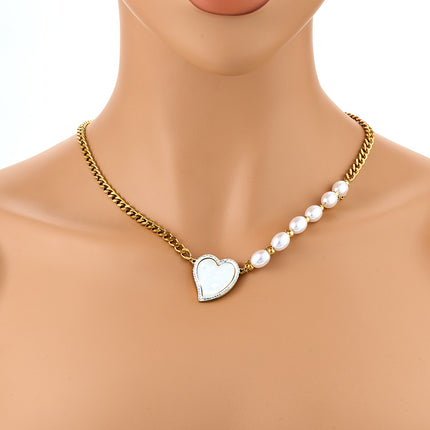 Collar De Perlas Con Colgante De Corazón De Concha Elegante De Moda