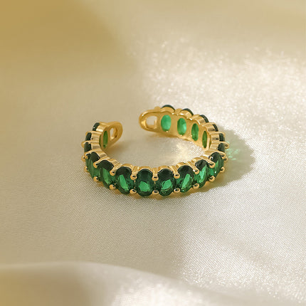 Anillo Ajustable Con Diseño Zircón Verde De Acero Inoxidable Chapado En Oro 14K