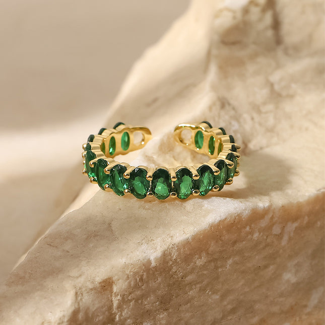 Anillo Ajustable Con Diseño Zircón Verde De Acero Inoxidable Chapado En Oro 14K