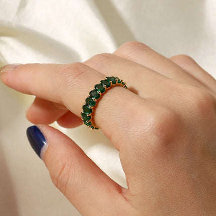 Anillo Ajustable Con Diseño Zircón Verde De Acero Inoxidable Chapado En Oro 14K
