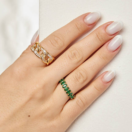 Anillo Ajustable Con Diseño Zircón Verde De Acero Inoxidable Chapado En Oro 14K