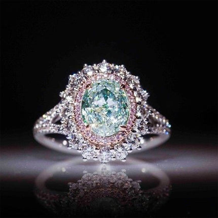 Anillo Geométrico Redondo Con Topacio Verde Y Diamantes De Cobre Chapado En Plata