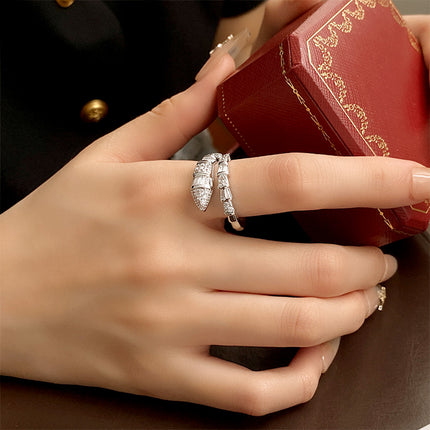 Anillo Ajustable Con Diseño De Serpiente Con Incrustación De Zirconia De Cobre
