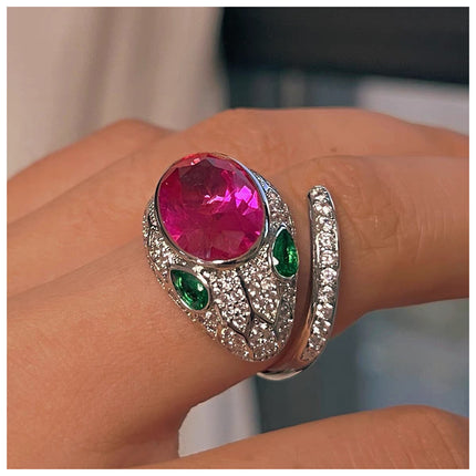 Anillo Con Diseño Cabeza De Serpiente Ajustable De Rubí Rosa De Cobre