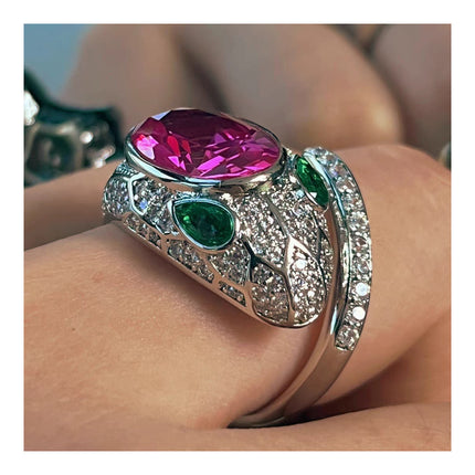 Anillo Con Diseño Cabeza De Serpiente Ajustable De Rubí Rosa De Cobre