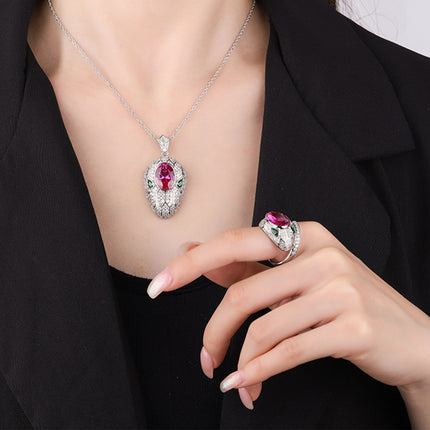 Anillo Con Diseño Cabeza De Serpiente Ajustable De Rubí Rosa De Cobre