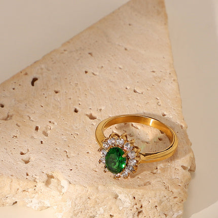 Anillo Geométrico con Zircón Verde Y Diamantes De Acero Inoxidable Chapado En Oro 14K