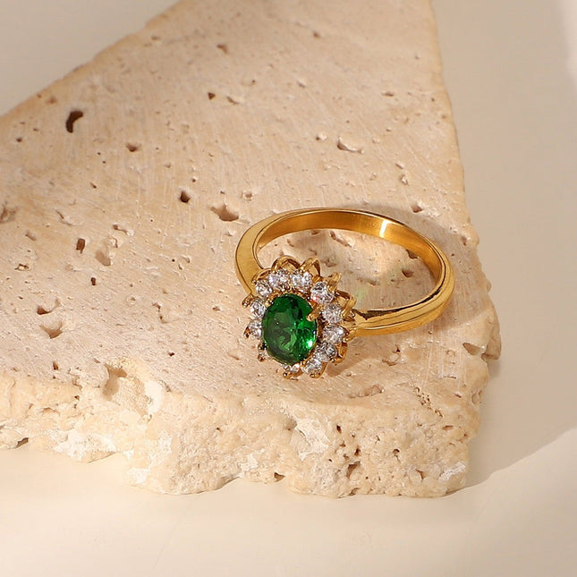 Anillo Geométrico con Zircón Verde Y Diamantes De Acero Inoxidable Chapado En Oro 14K