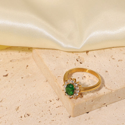 Anillo Geométrico con Zircón Verde Y Diamantes De Acero Inoxidable Chapado En Oro 14K